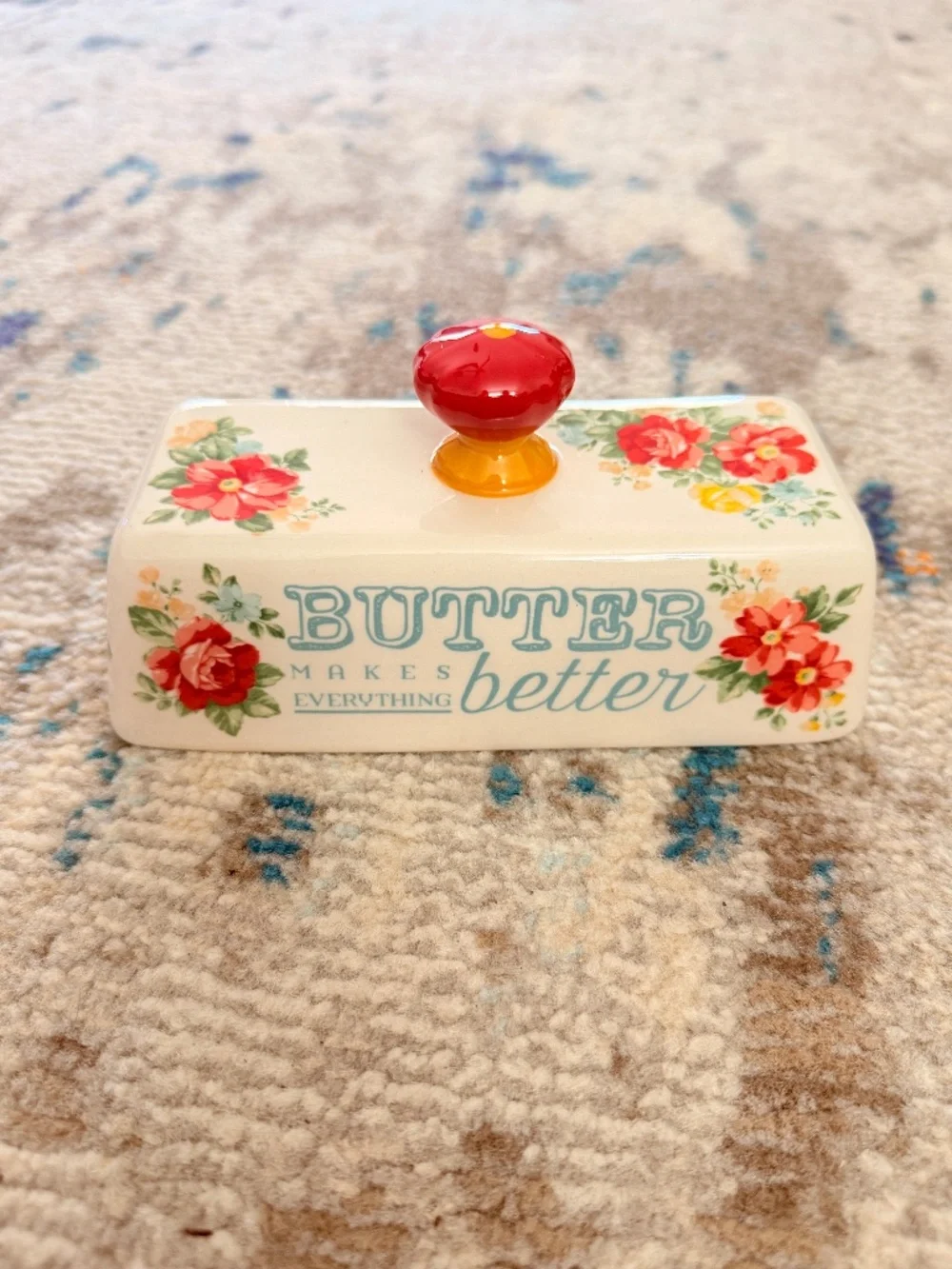 Pioneer Woman Floral Butter Dish Replacement Lid Stoneware Red Cream Blue flower